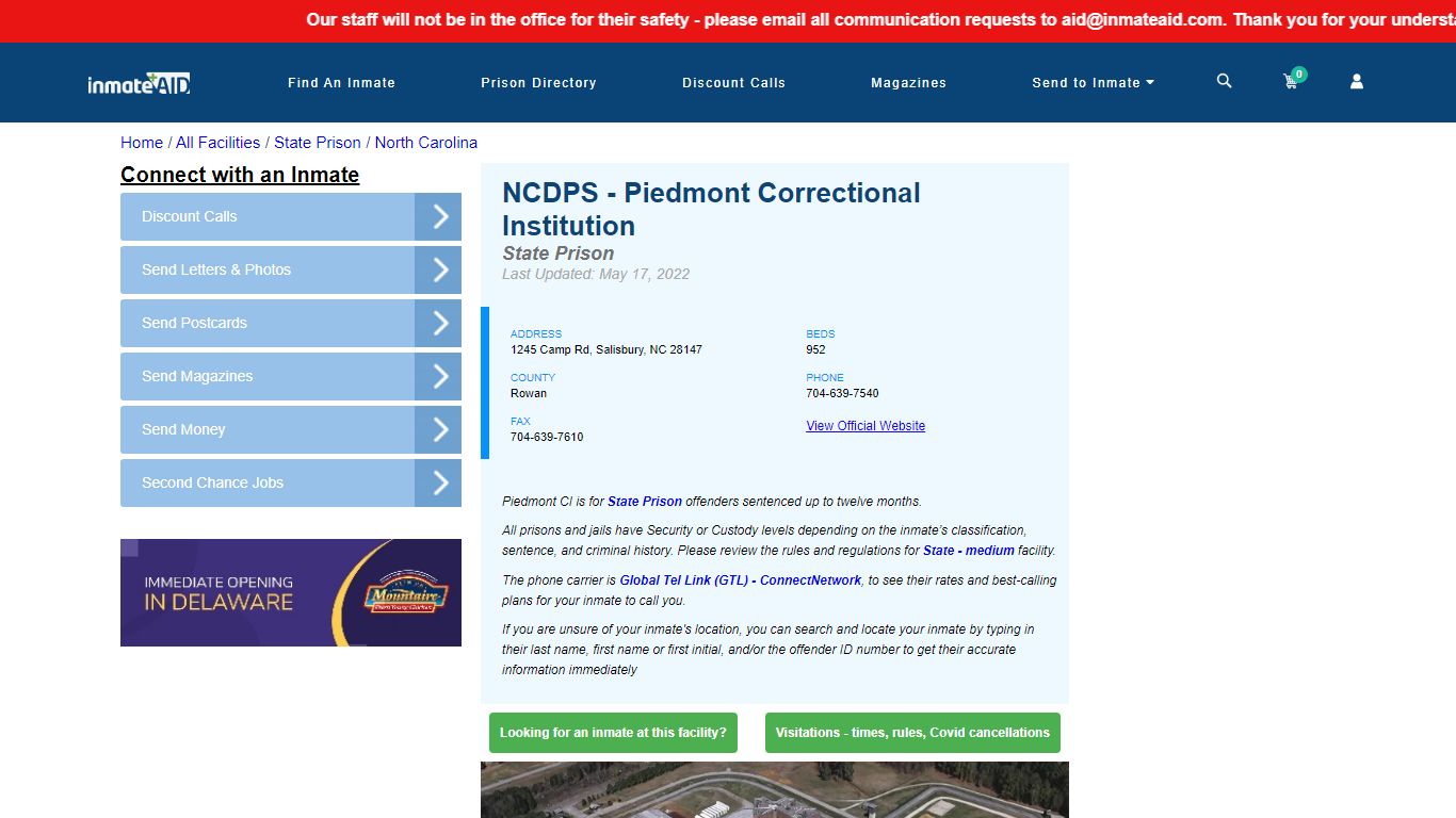 NCDPS - Piedmont Correctional Institution & Inmate Search ...
